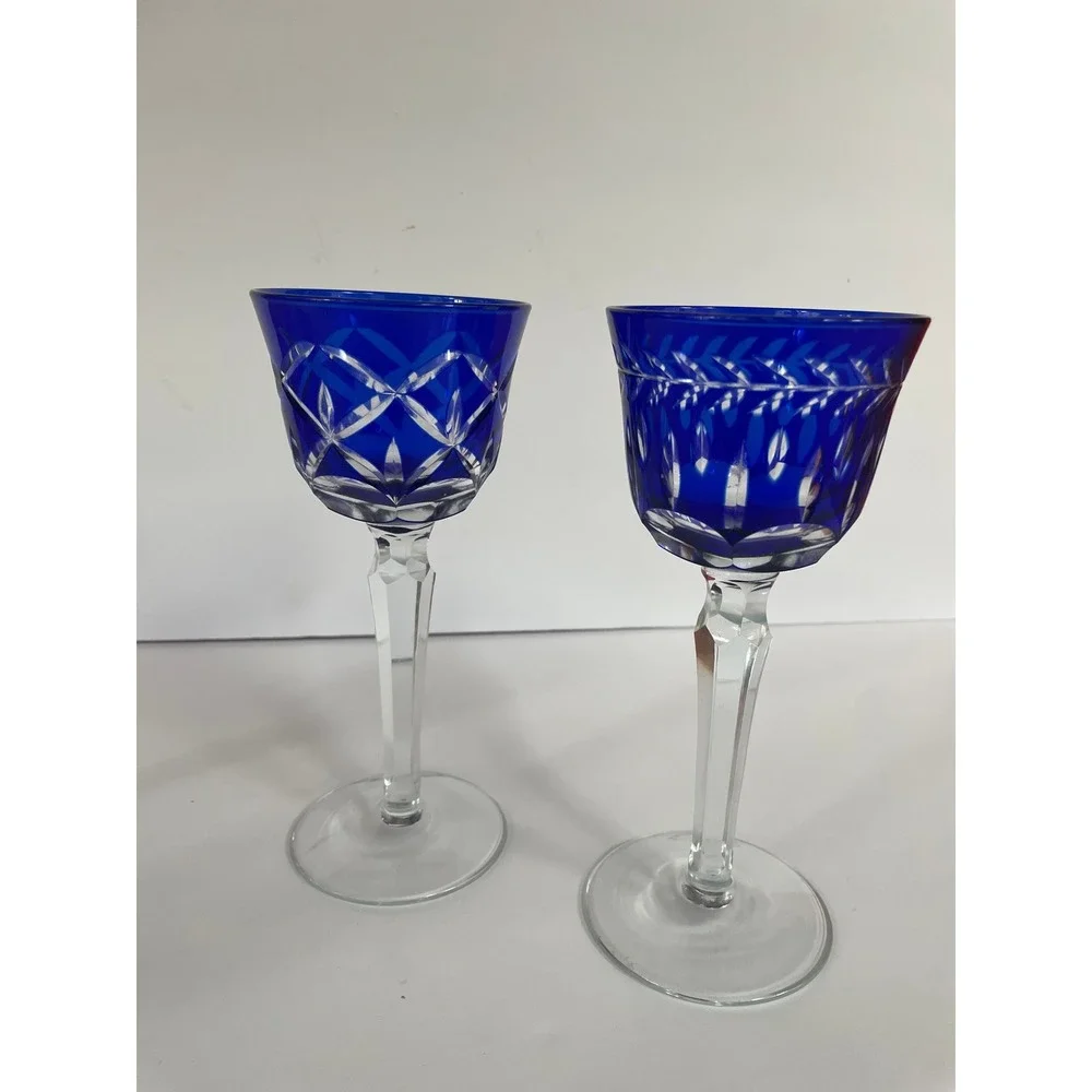 Mixed Geometric Pattern Crystal Hock Cordial Stemware Hand Blown Czech Glass, 4